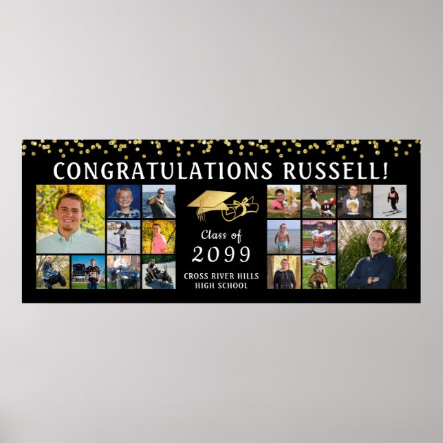 Congrats Graduate 18 Photo Collage Gold Foil Cap Poster (Front)