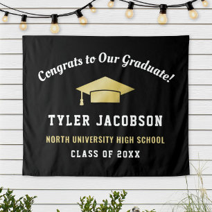 Congrats Graduate Black Gold Cap Backdrop