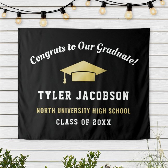 Congrats Graduate Black Gold Cap Backdrop (Creator Uploaded)