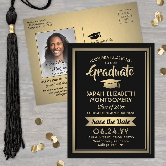 Congrats Graduate Black & Gold Save the Date Photo Announcement Postcard (Creator Uploaded)