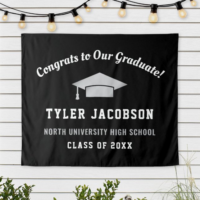 Congrats Graduate Black Silver Cap Backdrop (Creator Uploaded)