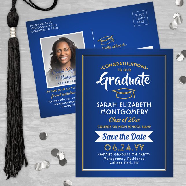 Congrats Graduate Blue & Gold Save the Date Photo Announcement Postcard (Creator Uploaded)