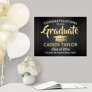 Congrats Graduate Brushed Black & Gold Graduation Poster