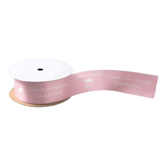 Congrats Graduate Cap Diploma Pink Personalized Satin Ribbon (Spool)