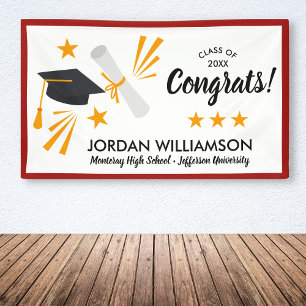 Congrats Graduate Diploma Cap Red Graduation Party Banner