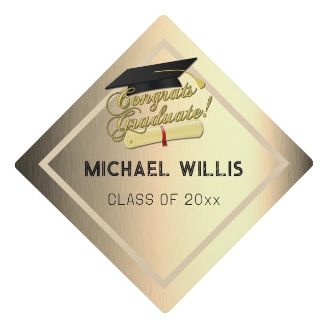 Congrats Graduate Diploma gold Custom name class Graduation Cap Topper (Front)