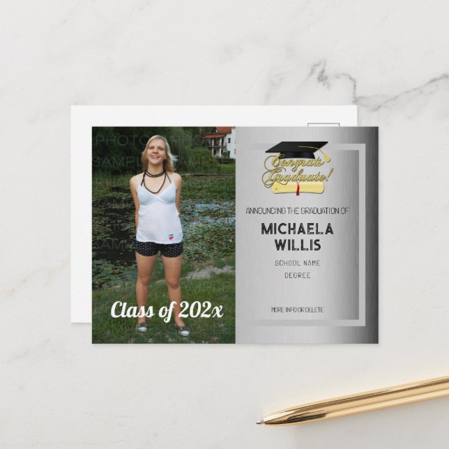 Congrats Graduate Diploma Graduation hat gray Announcement Postcard (Front/Back In Situ)