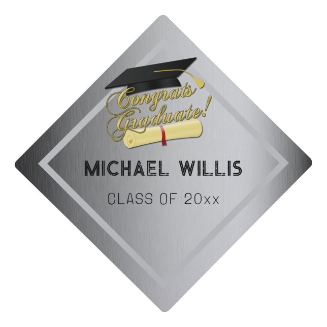 Congrats Graduate Diploma gray Custom name class Graduation Cap Topper (Front)