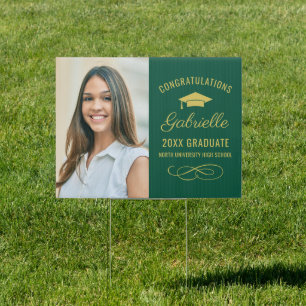 Congrats Graduate Elegant Green Gold Photo Sign