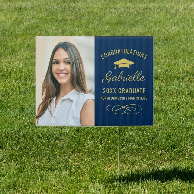 Congrats Graduate Elegant Navy Gold Photo Sign (Insitu)