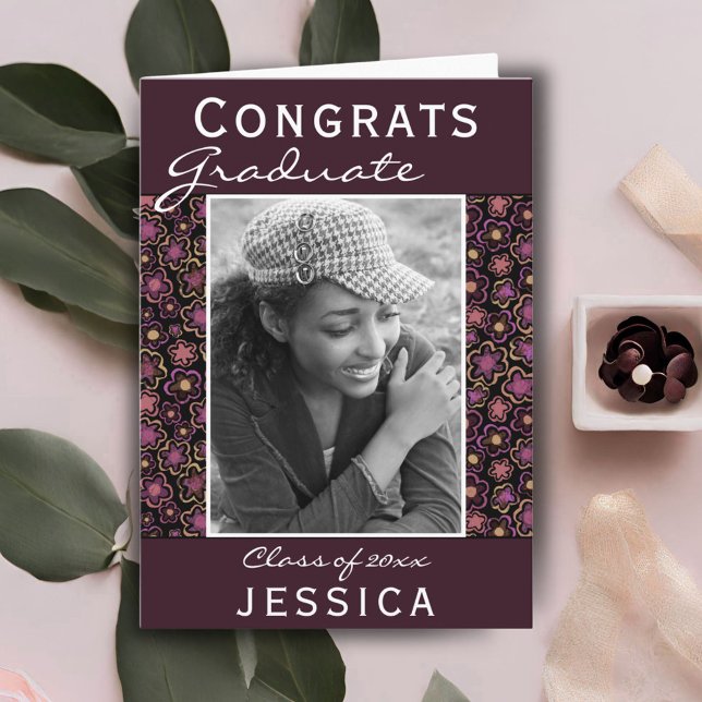 Congrats Graduate Flower Pattern Photo Graduation Card (Creator Uploaded)