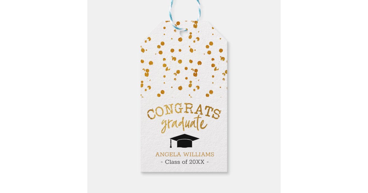 Congrats Graduate Gold and White Graduation Gift Tags | Zazzle