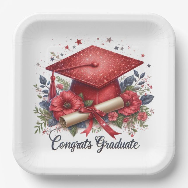 Congrats Graduate, Graduation Cap and Diploma Paper Plates (Front)