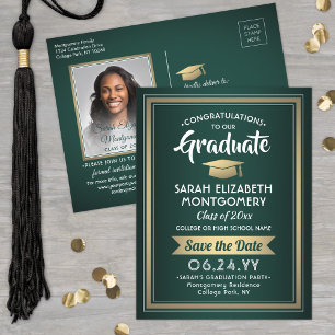 Congrats Graduate Green & Gold Save the Date Photo Announcement Postcard