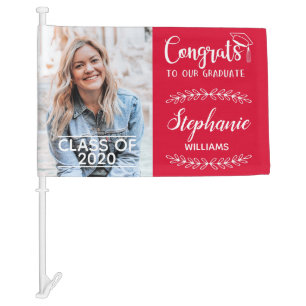 Congrats graduate modern with photo bright red car flag