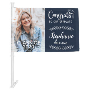 Congrats graduate modern with photo dark blue car flag