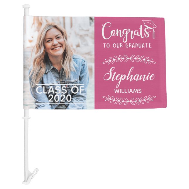 Congrats graduate modern with photo pink car flag (Front)