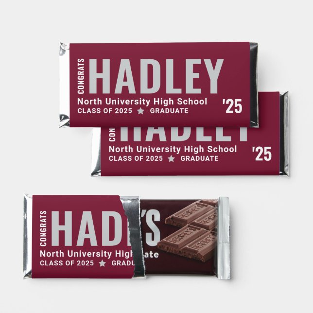 Congrats Graduate Name Burgundy Custom Graduation Hershey Bar Favors (Front)