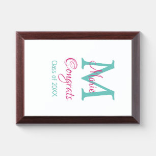 Congrats graduate name monogram green pink blue t award plaque