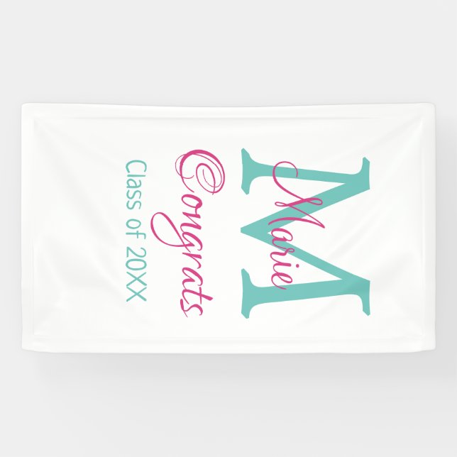 Congrats graduate name monogram green pink blue t banner (Horizontal)