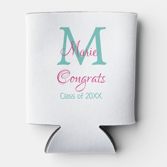 Congrats graduate name monogram green pink blue t can cooler (Front)