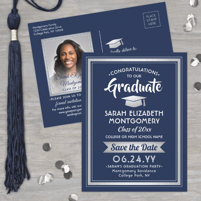Congrats Graduate Navy Blue Save the Date Photo Announcement Postcard (Creator Uploaded)