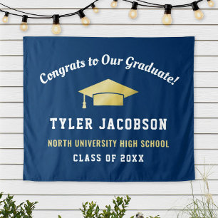 Congrats Graduate Navy Gold Cap Backdrop