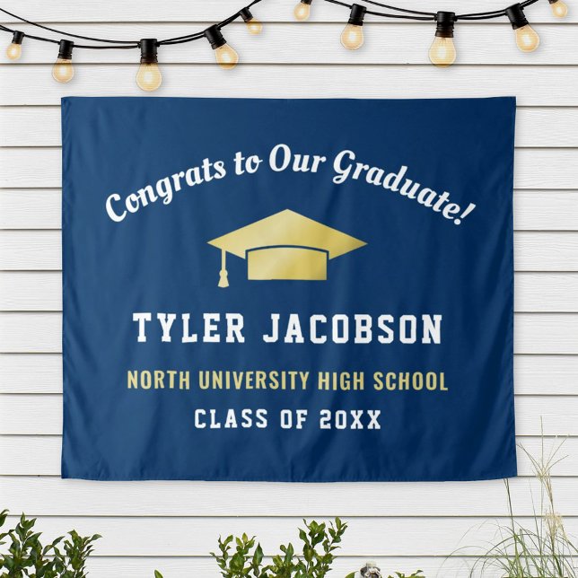 Congrats Graduate Navy Gold Cap Backdrop (Creator Uploaded)