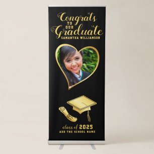 Congrats Graduate Photo Black and Gold Graduation Retractable Banner