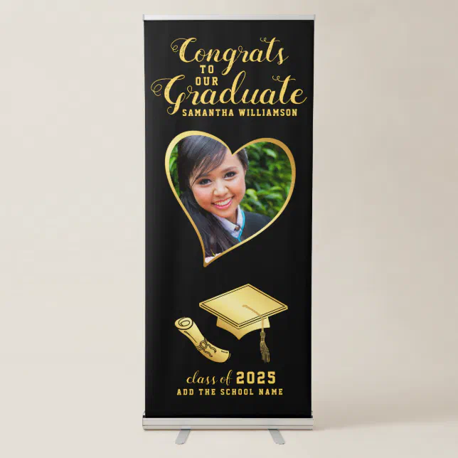 Congrats Graduate Photo Black and Gold Graduation Retractable Banner ...