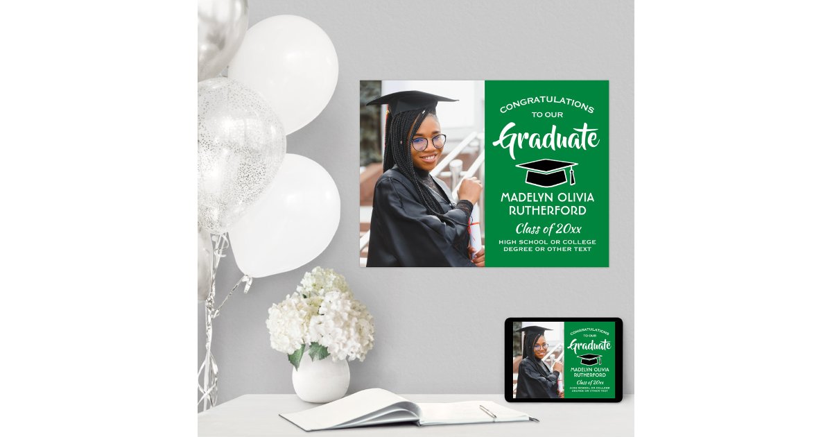 Congrats Graduate Photo Green and White Graduation Poster | Zazzle