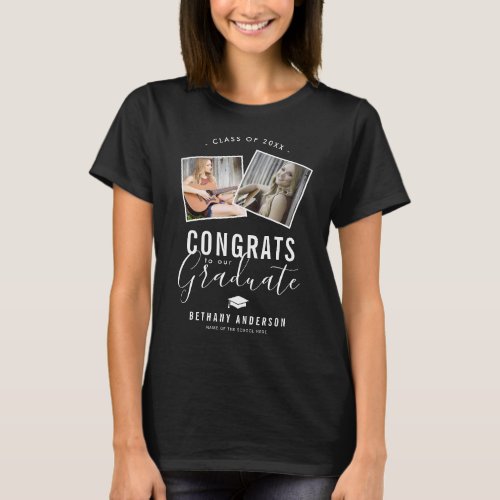 Congrats Graduate Photo T-Shirt - Celebrate the graduate with this unique graduation t-shirt featuring 2 photos of the grad, the cute saying "congrats to our graduate", their name, place of study, and class year.