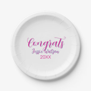 Congrats graduate pink purple name year 20XX date Paper Plates