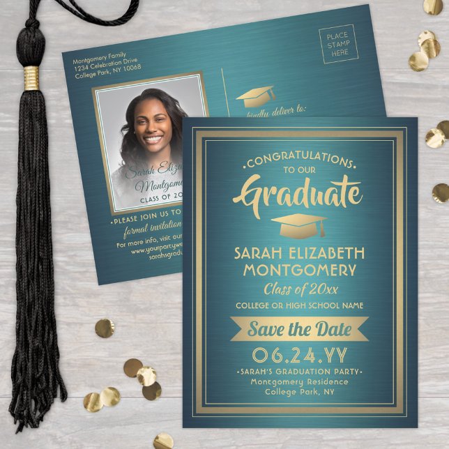 Congrats Graduate Teal & Gold Save the Date Photo Announcement Postcard (Creator Uploaded)