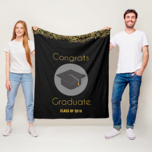 Congrats Graduate w/ Faux Gold Glitter & Grad Cap Fleece Blanket