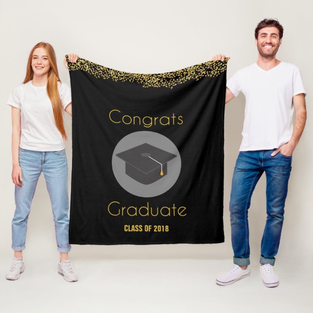 Congrats Graduate w/ Faux Gold Glitter & Grad Cap Fleece Blanket (In Situ)