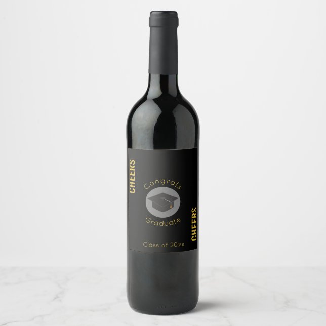 Congrats Graduate with Black Grad Cap Cheers Wine Label (Front)
