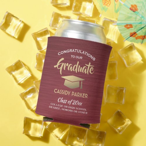 Congrats Graduation Brushed Burgundy Gold  White Can Cooler