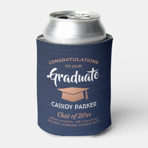 Congrats Graduation Brushed Navy Blue White Copper Can Cooler