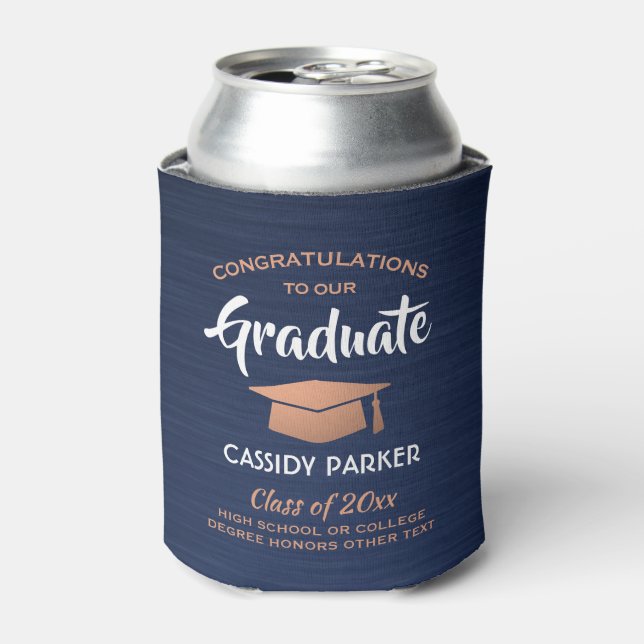 Congrats Graduation Brushed Navy Blue White Copper Can Cooler (Can Front)