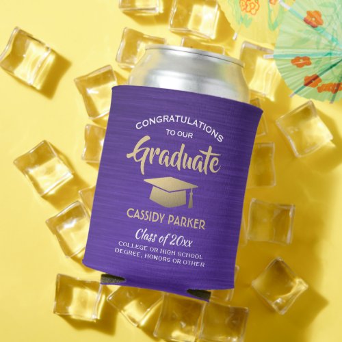 Congrats Graduation Brushed Purple Gold and White Can Cooler