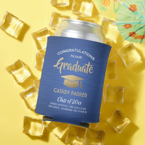 Congrats Graduation Party Brushed Blue Gold White Can Cooler