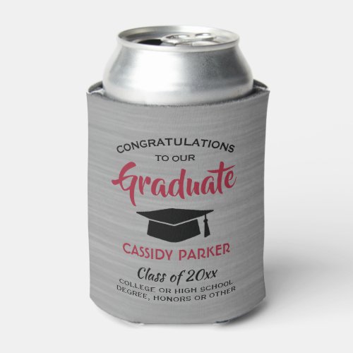 Congrats Graduation Party Brushed Gray Red  Black Can Cooler