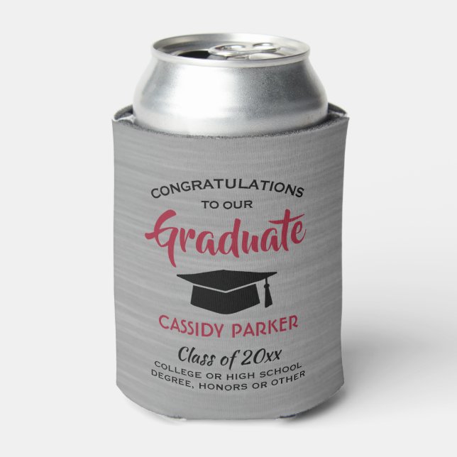 Congrats Graduation Party Brushed Gray Red & Black Can Cooler (Can Front)