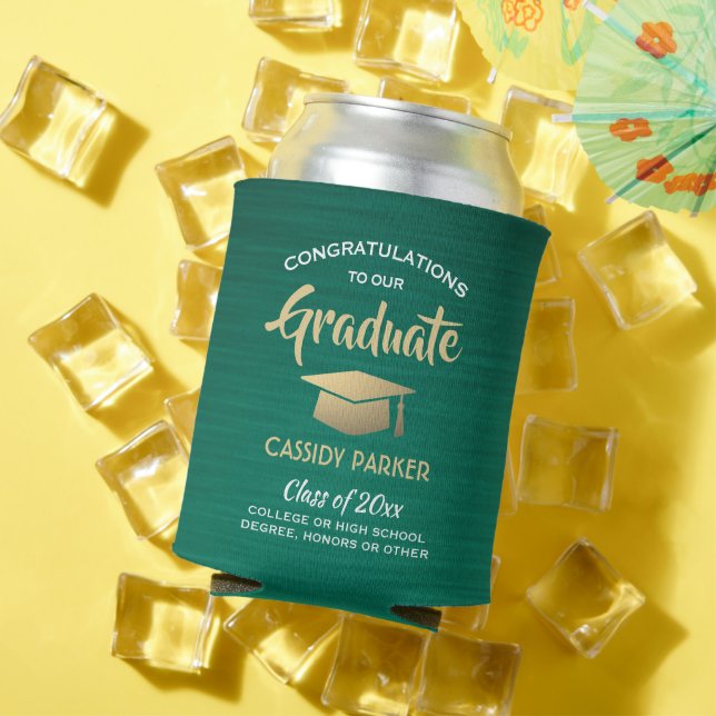 Congrats Graduation Party Brushed Green Gold White Can Cooler (In Situ Summer)