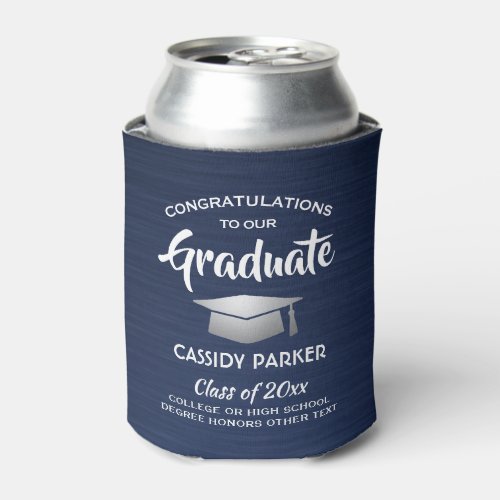 Congrats Graduation Party Brushed Navy Blue White Can Cooler