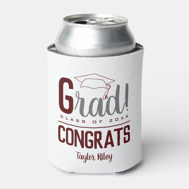 Congrats Graduation Party Maroon and Gray Can Cooler (Can Front)