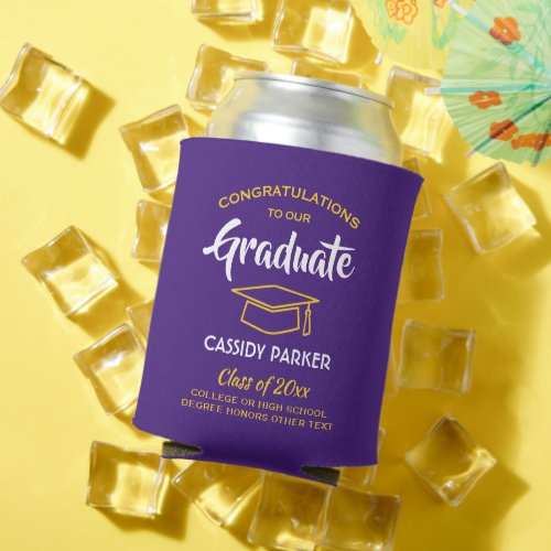 Congrats Graduation Party Purple Gold Yellow Can Cooler