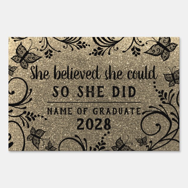 Congrats Graduation Quote Glitter Black and Gold Sign (Back)