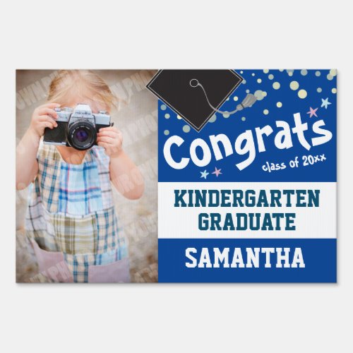 Congrats Kindergarten Grad Confetti Photo Blue Sign